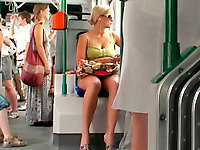This upskirt video is devoted to a stunning blonde. I started with filming her sitting upskirt in the bus then followed her to the malls